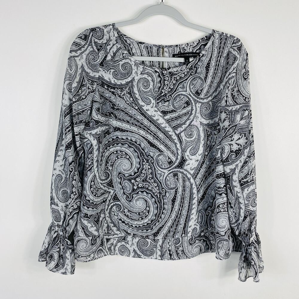 White House Black Market Top 2 Paisley Chiffon Long Sleeve Bell Cuff Black Gray